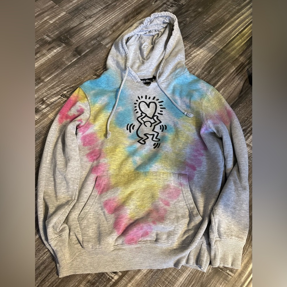 Keith Harring Tie-Dye Hooded Sweatshirt, good condition, collar cut for style,